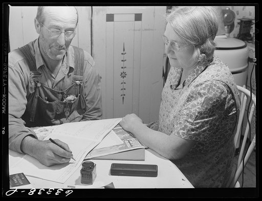 FSA (Farm Security Administration) rehabilitation borrower and wife working over account book. Itasca County, Minnesota