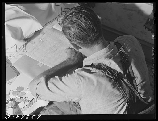 Douglas County, Wisconsin. FSA (Farm Security Administration) borrower working over his account book. Sixteen families from the Nebraska drought area have moved to this part of Wisconsin during the past few years; most of them received FSA loans