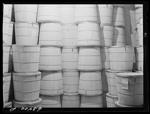 Tubs of butter in storage. Land O'Lakes plant, Minneapolis, Minnesota