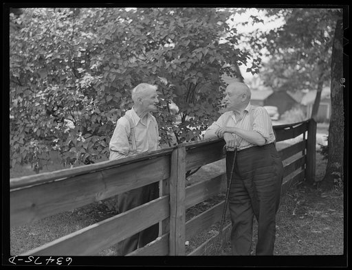 Untitled photo, possibly related to: Residents of copper range town talking over back fence. Laurium, Michigan