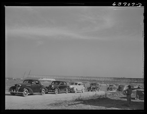 Change of shift traffic leaving Ford bomber plant near Ypsilanti, Michigan