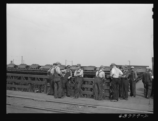 Ore punchers waiting for change of shift. Allouez, Wisconsin