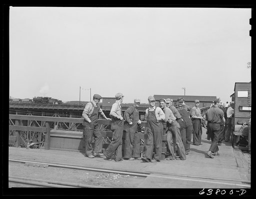 Untitled photo, possibly related to: Ore punchers waiting for change of shift. Allouez, Wisconsin