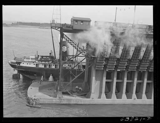 Lake boat pulling into ore docks at Allouez, Wisconsin