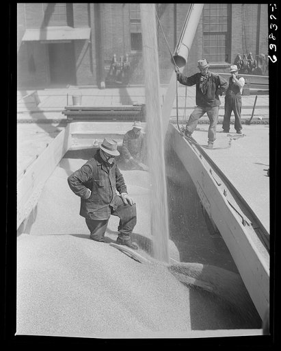 Grain trimmer directing flow of wheat into hold of Great Lakes Boat. Superior, Wisconsin