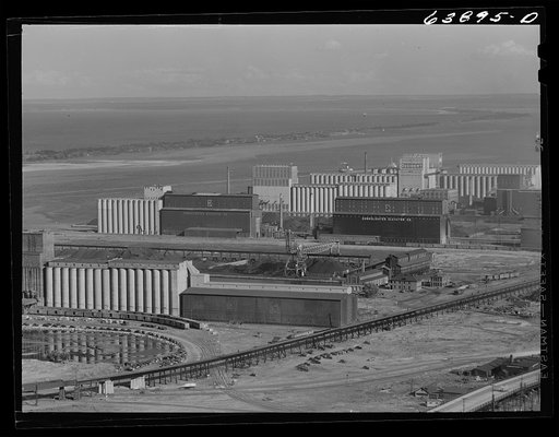Grain elevators at entry to port of Duluth, Minnesota