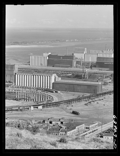 Grain elevators at entry to port of Duluth, Minnesota