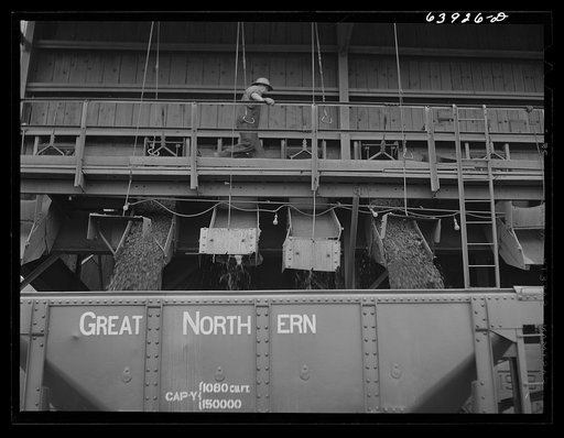 Untitled photo, possibly related to: Loading car with washed ore at concentration plant near Bovey, Minnesota