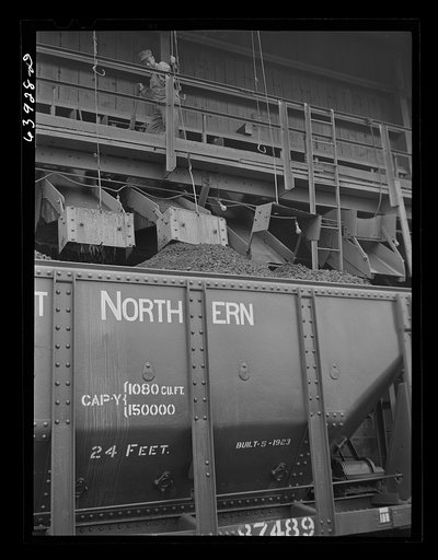 Loading car with washed ore at concentration plant near Bovey, Minnesota