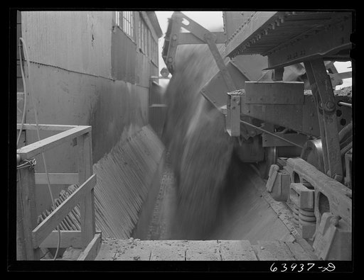 Untitled photo, possibly related to: At concentration plant iron ore is first dumped onto these shams which help separate rock from ore. Near Bovey, Minnesota