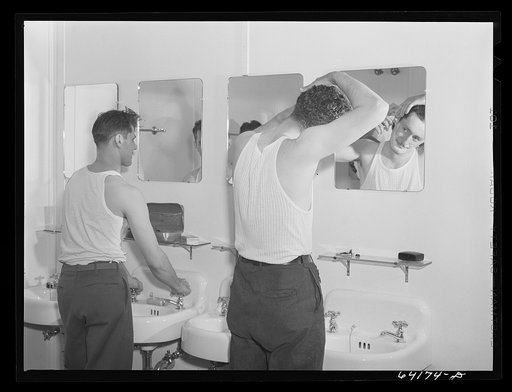 Men's washroom in one of the dormitories for defense workers at Aberdeen, Maryland