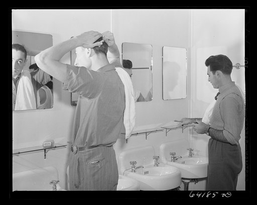 Untitled photo, possibly related to: Men's washroom in one of the dormitories for defense workers at Aberdeen, Maryland