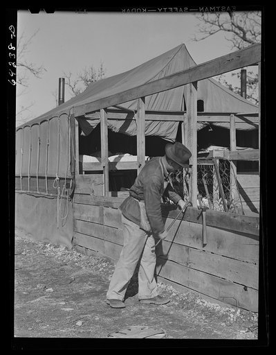 Newton County, Missouri. Camp Crowder area. Farmer who spent the winter as a carpenter, dismantling the roadside accomodations he built for himself and family, prepares to go back to the farm