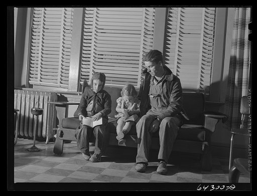 Untitled photo, possibly related to:  Chafee, Missouri. Father and children waiting to see the doctor. The little girl was bitten by a dog and is to receive anti-hydrophobia injections