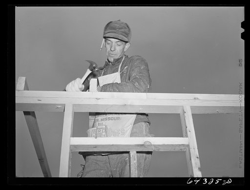Untitled photo, possibly related to: Bates County relocation project, Missouri. Construction of a farm unit on land bought by FSA (Farm Security Administration) for farmers who are being displaced by Army construction work in the Camp Crowder area