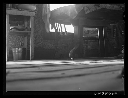 Untitled photo, possibly related to: Newton County, Missouri. Camp Crowder area. James Mallory in his Ozark farmhouse. His land has been bought by the Army for construction of Camp Crowder, and next week, with the aid of the FSA (Farm Security Administration), he is moving to 160 acres of land and a