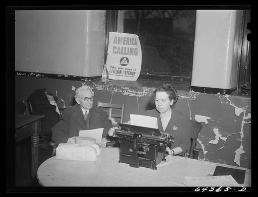 Untitled photo, possibly related to: Marietta, Ohio. Old lawyer, veteran of Spanish-American War, registering for civilian defense in basement of the courthouse