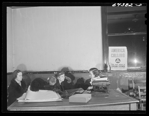 Untitled photo, possibly related to: Marietta, Ohio. Housewives signing up for civilian defense in basement of the courthouse