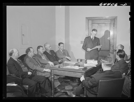 Athens, Ohio. Mayor Franz Woodworth addressing a meeting of the utilities division of the Athens civilian defense council