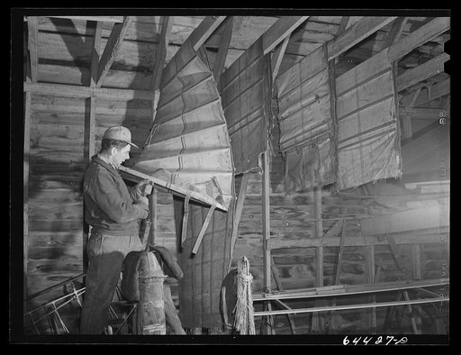 Meeker County, Minnesota. Pat McRaith examining canvasses in his machine shed