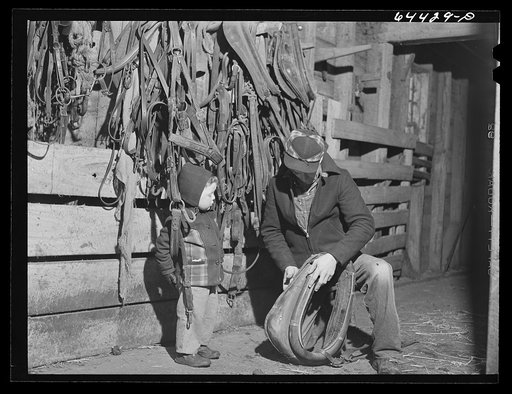 Meeker County, Minnesota. Mike McRaith at work in his machine shed; his son Jerry is watching. He farms eighty acres in Meeker County