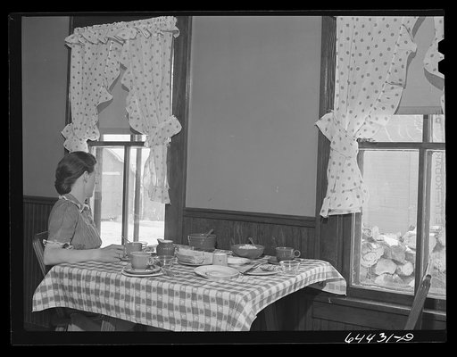 Meeker County, Minnesota. Mrs. Mike McRaith after lunch. Her husband has gone out to the machine shed to do some repair work