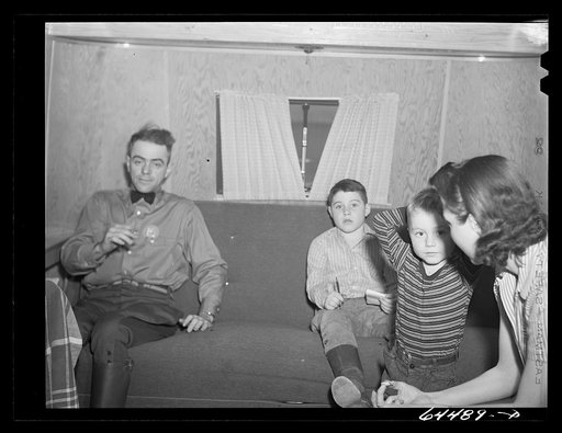 Untitled photo, possibly related to: Burlington, Iowa. Acres unit, FSA (Farm Security Administration) trailer camp. Barker family in their trailer