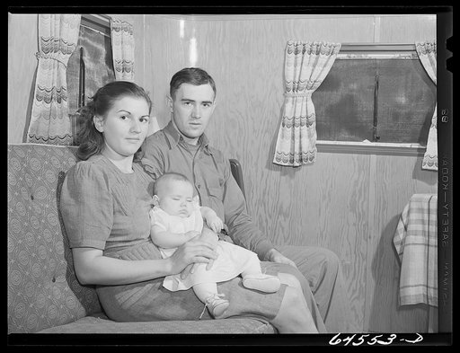 Burlington, Iowa. Sunnyside unit of FSA (Farm Security Administration) camp. Simmons family in their trailer for workers at Burlington ordnance plant