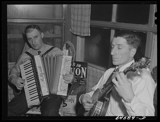 Meeker County, Minnesota. Music supplied by two Meeker County farmers for dance at crossroads store
