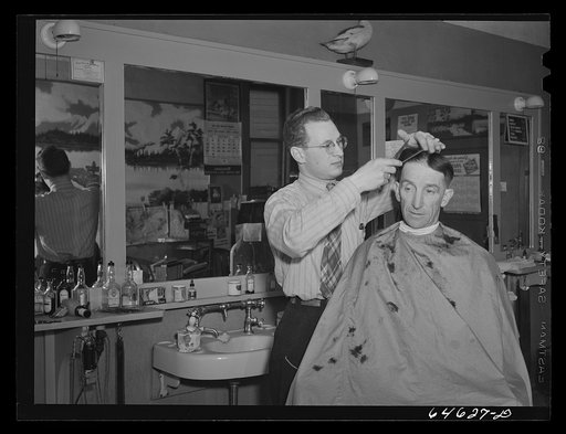 Untitled photo, possibly related to: Timber Lake, South Dakota. Barber shop