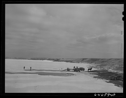 Perkins County, South Dakota. Ice cutting on the Grand River
