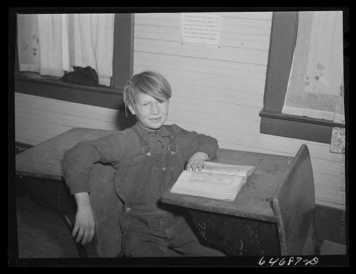 Morton County, North Dakota. Farm boy with his geography book