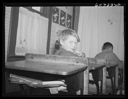 Untitled photo, possibly related to: Morton County, North Dakota. Farm boy with his geography book