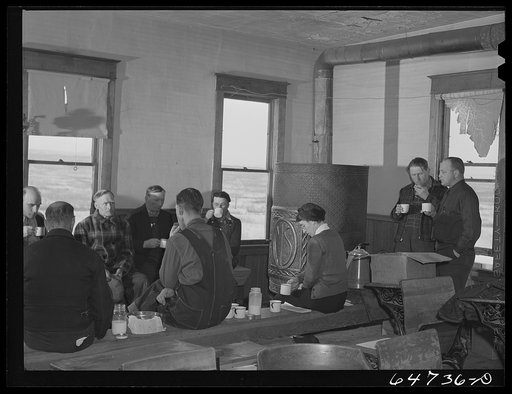 Adams County, North Dakota. Farmers brought their own lunch to an all-day Food for Victory meeting. Coffee was served by one of the ladies. The meeting was held in the rural school house