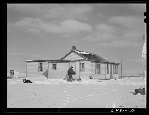 Adams County, North Dakota. Mrs. Lee Johnson bringing in a pair of overalls which had been drying on the line and have been frozen stiff