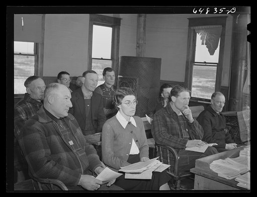Untitled photo, possibly related to: Adams County, North Dakota. Farmers at Food for Victory meeting in a rural school