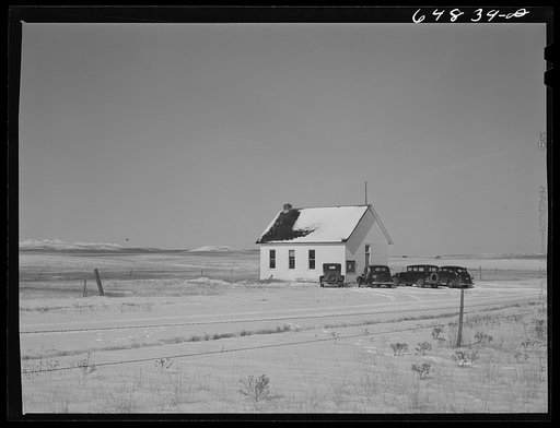 Untitled photo, possibly related to: Adams County, North Dakota. Rural schoolhouse where farmers have come to attend Food for Victory meeting sponsored by the U.S. Department of Agriculture