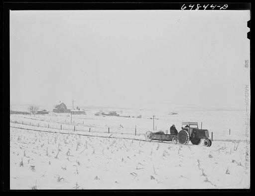 Adams County, North Dakota. Stock farmer, George P. Moeller, spreading manure on his cornfield