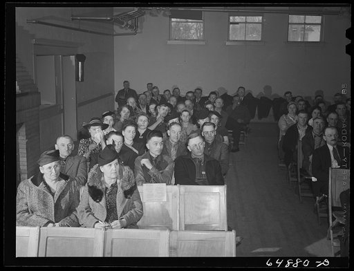 Williston, North Dakota. Farmers' union meeting with the county commissioners to protest the selling of land to corportation farms in Williams County and to discuss the protection of family-size farms