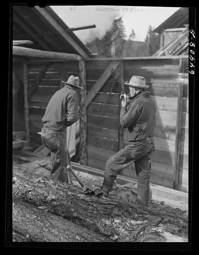 Untitled photo, possibly related to: Kalispell, Montana. Rolling logs into the pond at FSA (Farm Security Administration) cooperative sawmill