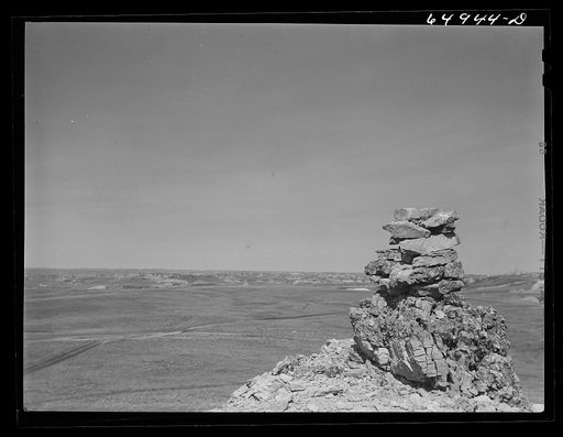 McCone County, Montana. Sheepherders' monument from top of a butte. These monuments formerly indicated that there was water nearby; today they have no significance but sheepherders continue to build them