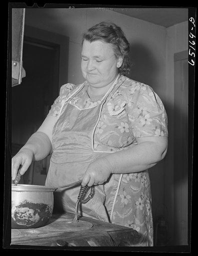 Flathead Valley special area project, Montana. Mrs. James Doyle at her kitchen stove. The Doyles are FSA (Farm Security Administration) borrowers