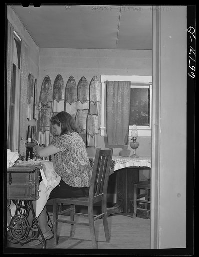 Flathead Valley special area project, Montana. Mrs. Lawrence Thompson sewing. The muskrat skins on the wall were trapped by Mr. Thompson