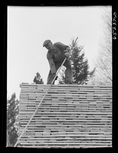 Untitled photo, possibly related to: Flathead Valley special area project, Montana. Stacking board lumber at the cooperative sawmill. This mill is operated by FSA (Farm Security Administration) borrowers, most of whom have moved to Flathead County in recent years from the drought area of eastern Mon