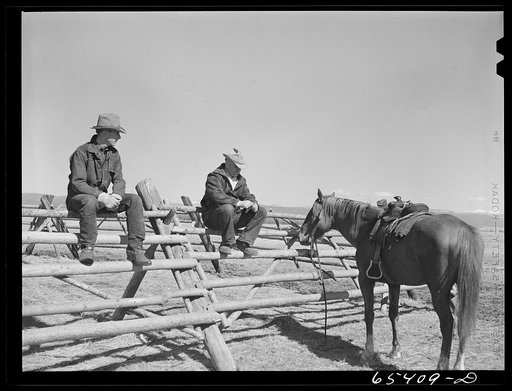 Untitled photo, possibly related to: Beaverhead County, Montana. Cowhands on the Spokane Ranch