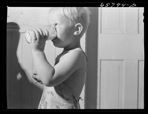 Untitled photo, possibly related to: Lancaster County, Nebraska. Farm boy drinking milk