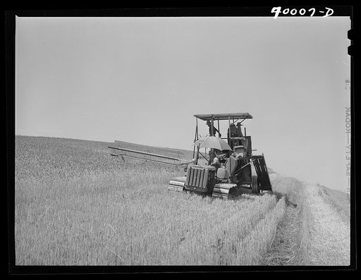 Caterpillar-drawn combine working in the wheat fields of Whitman County, Washington