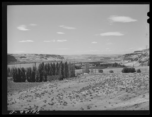 Scene along the Columbia River. Land on the bench is desert. Klickitat County, Washington