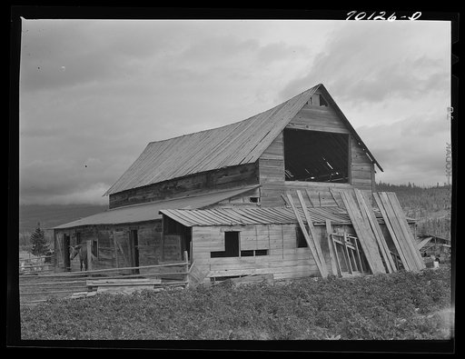 Old barns on farm which was included as part of Boundary Farms, FSA (Farm Security Administration) project. Boundary County, Idaho