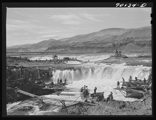 Untitled photo, possibly related to: Indians fishing for salmon at Celilo Falls, Oregon